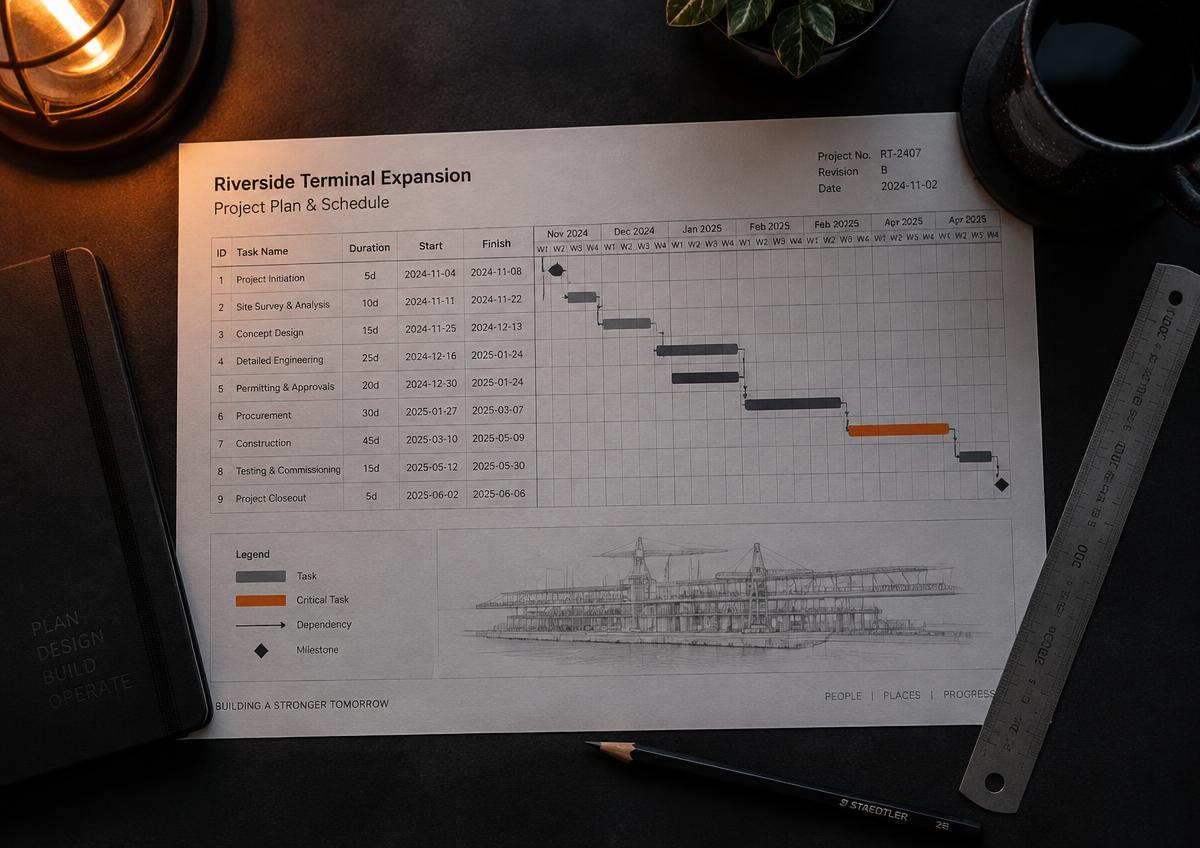 A printed project plan and schedule on a dark desk